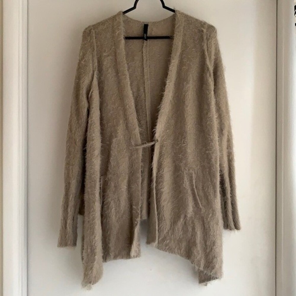 Elan Beige Fuzzy Cardigan Sweater with Large Safety Pin Closure | Size: Medium